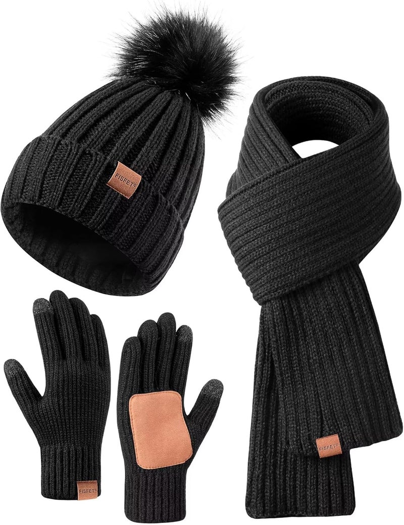 FISFET Winter Beanie Hat Scarf Gloves Set for Women, Womens Beanie with Pom Pom Long Scarf Neck Warmer Touchscreen Gloves 3 in 1 Set - Image 1